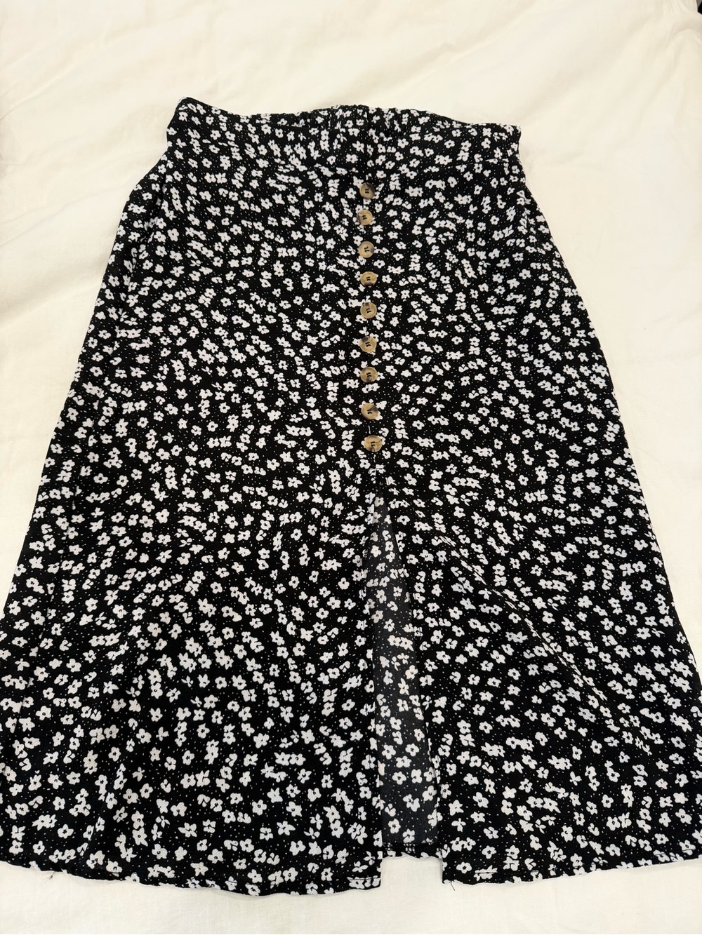 Black Floral Maxi Skirt with Front Buttons